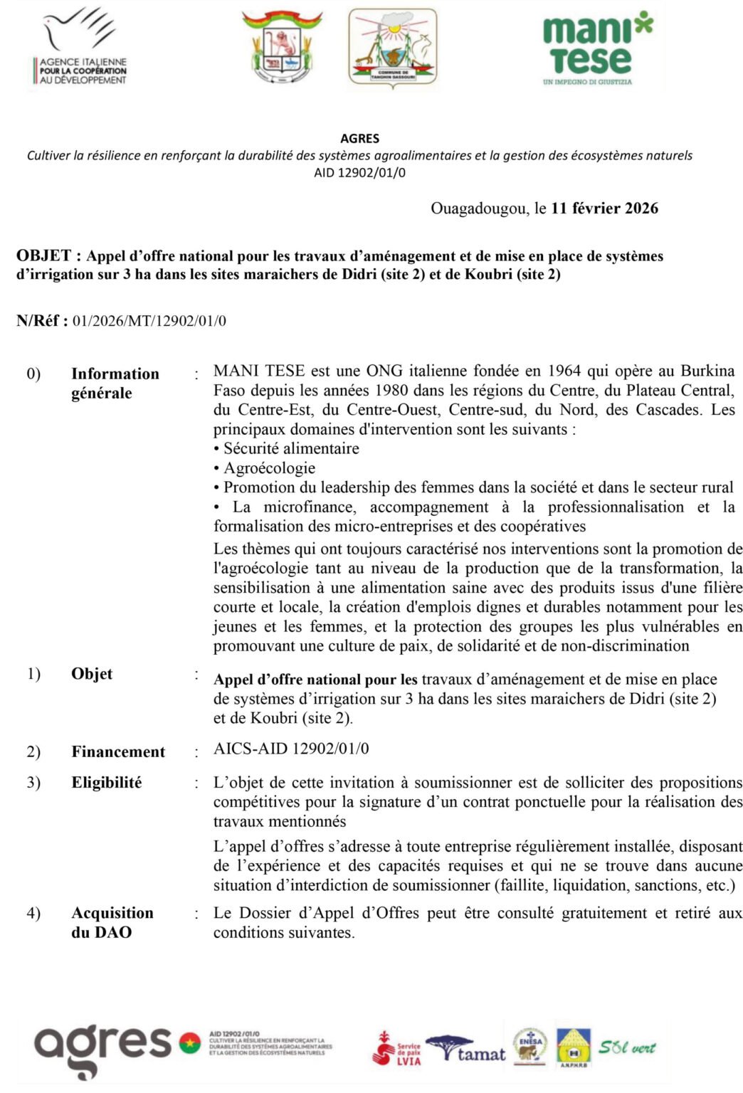 AGRES : Appel d’offre national pour les travaux d’aménagement et de mise en place de systèmes d’irrigation sur 3 ha dans les sites maraichers de Didri (site 2) et de Koubri (site 2)